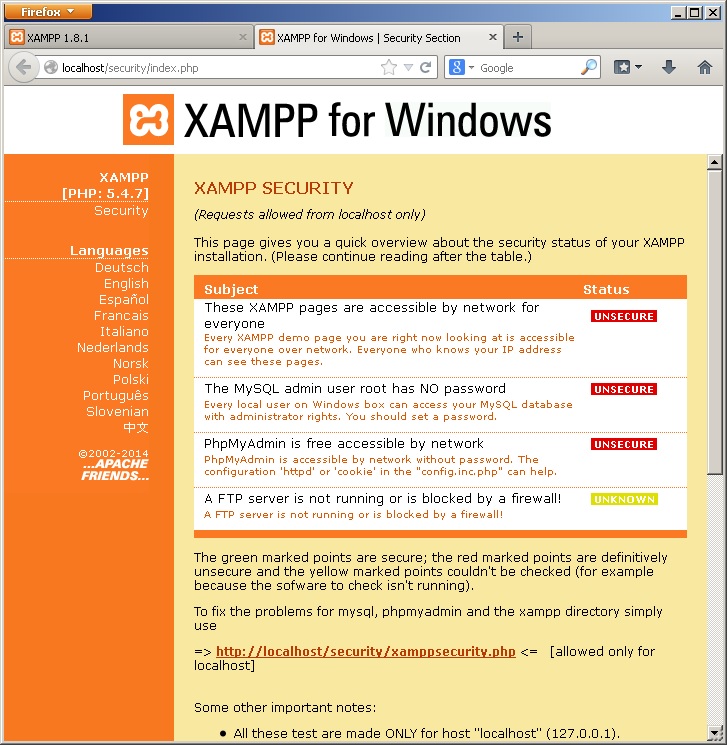 تنظیمات امنیتی xampp